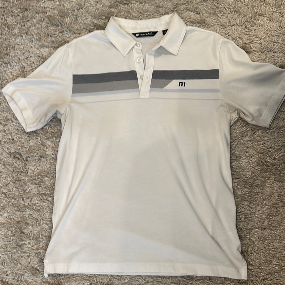 Travis Mathew Golf White Polo Shirt with Gray and Blue Stripes